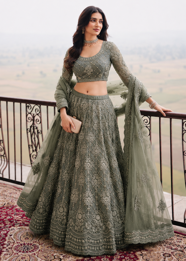 Buy Now Great Green Embroidered Stylist Wedding Lehenga Choli Online in US, UK, Canada, France, Italy, Germany, Sweden, Austria, Greece &amp; Worldwide at Empress.