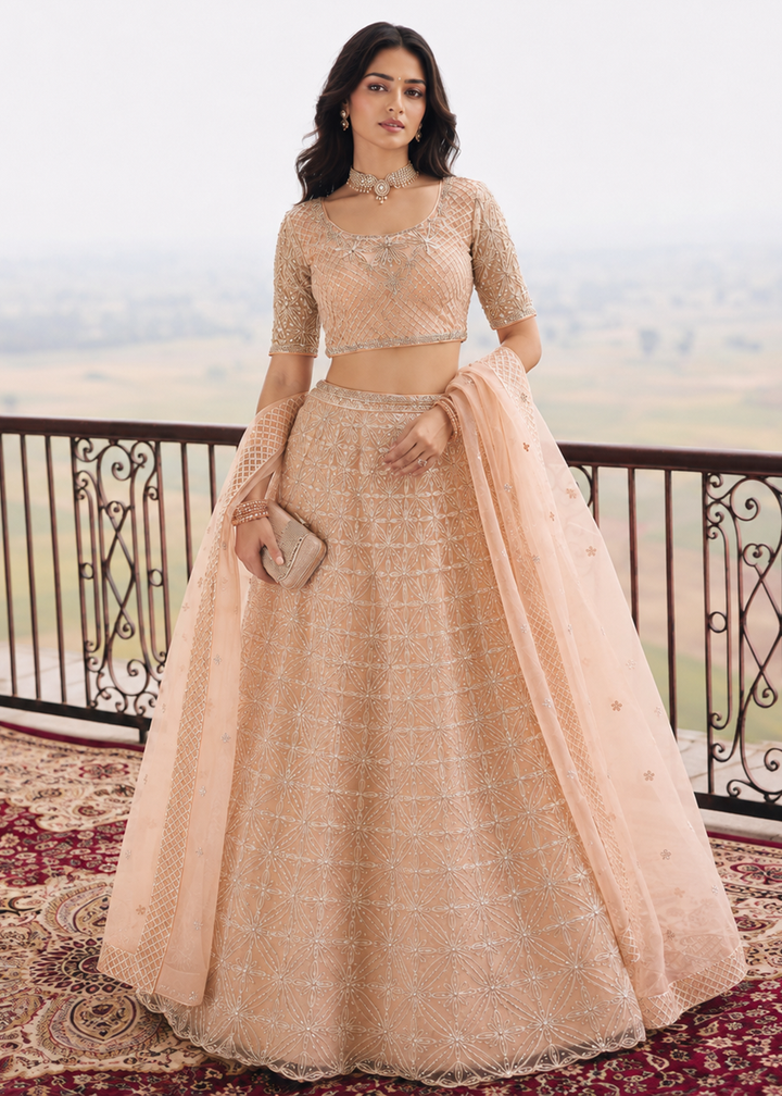 Buy Now Great Peach Embroidered Stylist Wedding Lehenga Choli Online in US, UK, Canada, France, Italy, Germany, Sweden, Austria, Greece &amp; Worldwide at Empress.