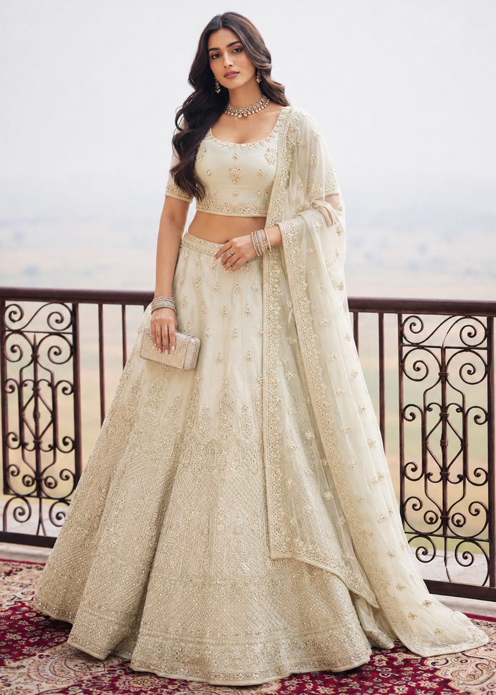Buy Now Great Cream Embroidered Stylist Wedding Lehenga Choli Online in US, UK, Canada, France, Italy, Germany, Sweden, Austria, Greece &amp; Worldwide at Empress.
