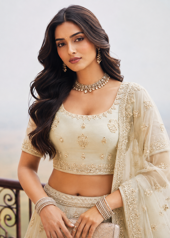 Buy Now Great Cream Embroidered Stylist Wedding Lehenga Choli Online in US, UK, Canada, France, Italy, Germany, Sweden, Austria, Greece &amp; Worldwide at Empress.