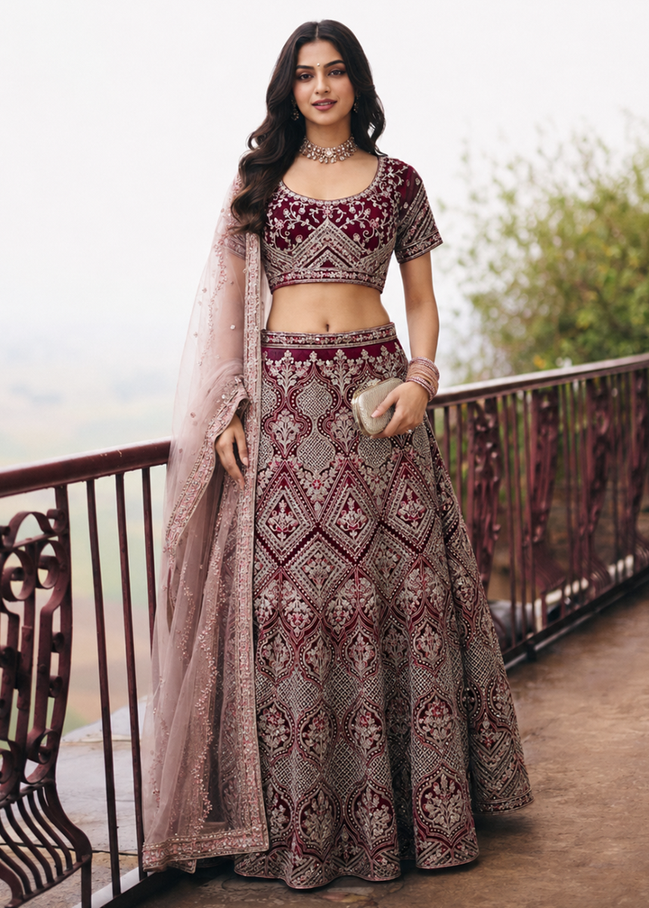Buy Now Great Wine Embroidered Stylist Wedding Lehenga Choli Online in US, UK, Canada, France, Italy, Germany, Sweden, Austria, UAE &amp; Worldwide at Empress.
