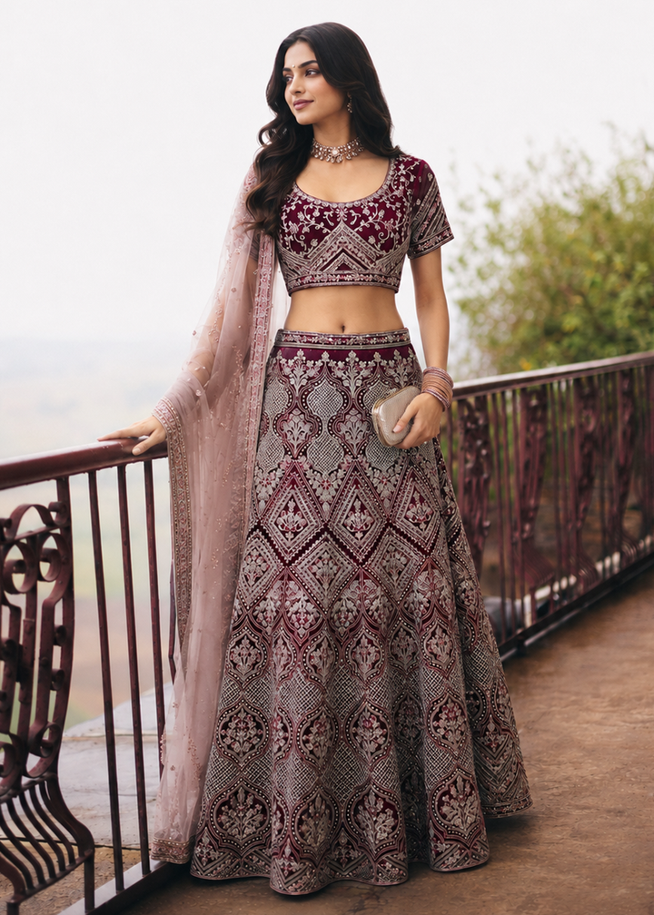 Buy Now Great Wine Embroidered Stylist Wedding Lehenga Choli Online in US, UK, Canada, France, Italy, Germany, Sweden, Austria, UAE &amp; Worldwide at Empress.