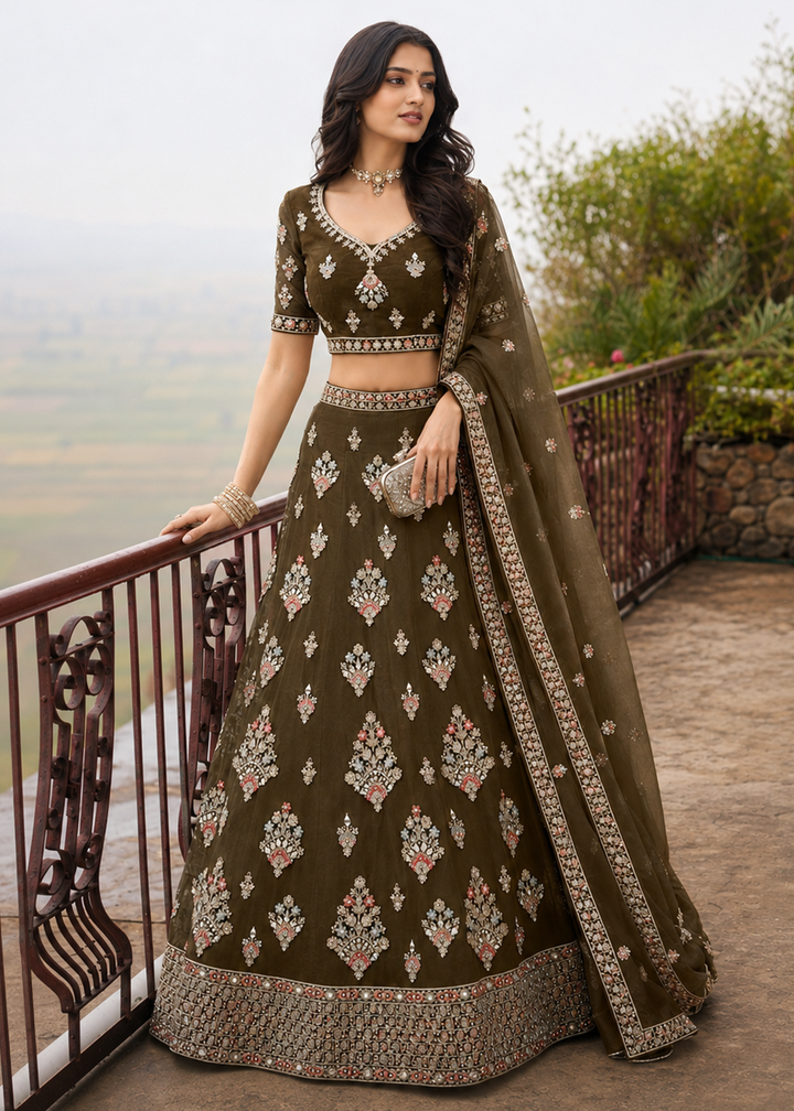 Buy Now Great Olive Embroidered Stylist Wedding Lehenga Choli Online in US, UK, Canada, France, Italy, Germany, Sweden, Austria, UAE &amp; Worldwide at Empress.