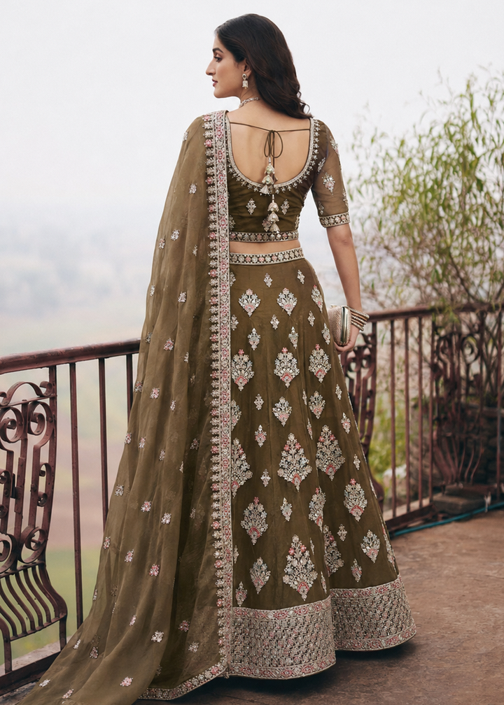 Buy Now Great Olive Embroidered Stylist Wedding Lehenga Choli Online in US, UK, Canada, France, Italy, Germany, Sweden, Austria, UAE &amp; Worldwide at Empress.
