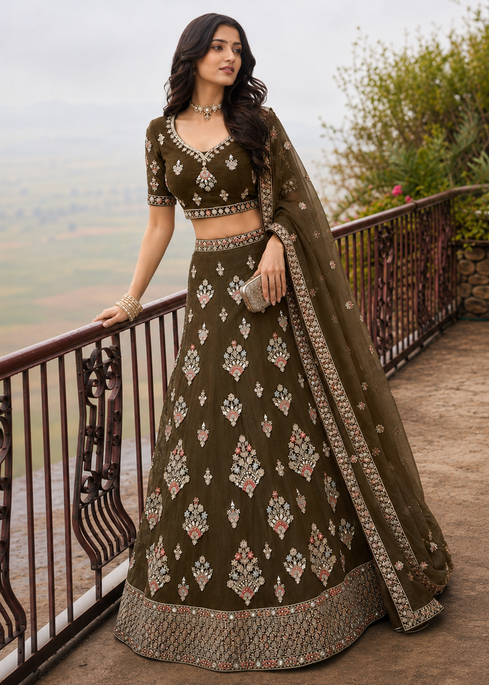 Buy Now Great Olive Embroidered Stylist Wedding Lehenga Choli Online in US, UK, Canada, France, Italy, Germany, Sweden, Austria, UAE &amp; Worldwide at Empress.