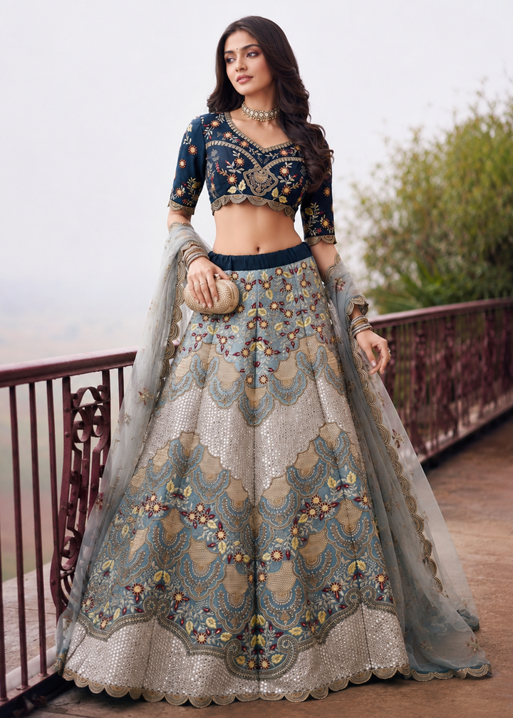 Buy Now Great Silver Blue Embroidered Stylist Wedding Lehenga Choli Online in US, UK, Canada, France, Italy, Germany, Sweden, Austria &amp; Worldwide at Empress.