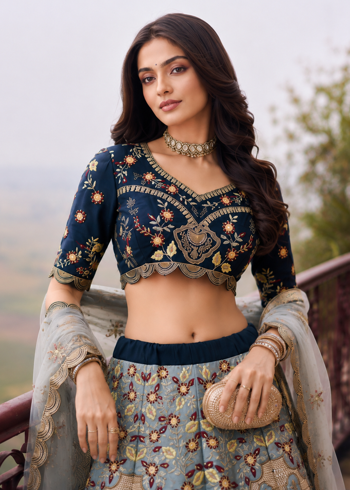 Buy Now Great Silver Blue Embroidered Stylist Wedding Lehenga Choli Online in US, UK, Canada, France, Italy, Germany, Sweden, Austria &amp; Worldwide at Empress.