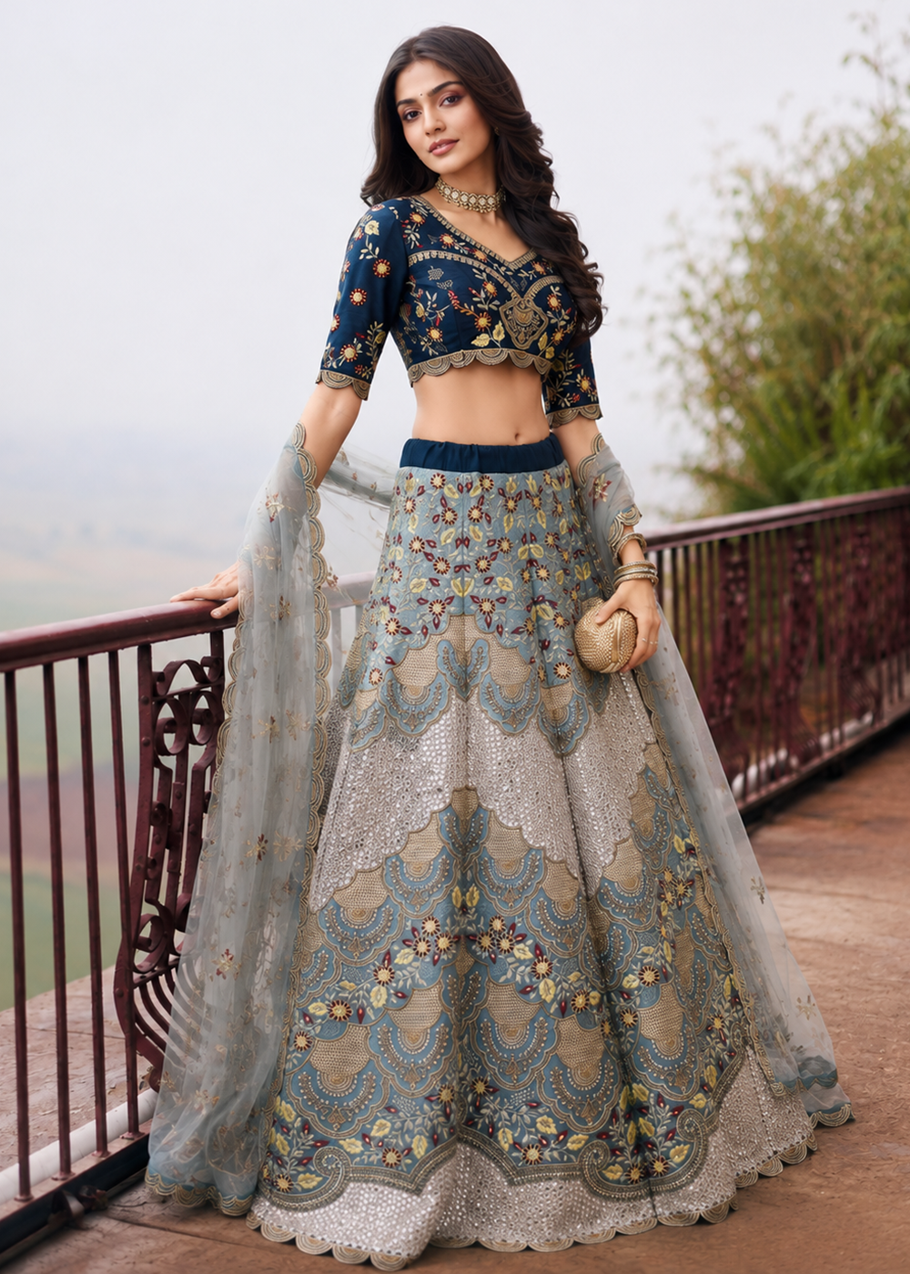 Buy Now Great Silver Blue Embroidered Stylist Wedding Lehenga Choli Online in US, UK, Canada, France, Italy, Germany, Sweden, Austria &amp; Worldwide at Empress.