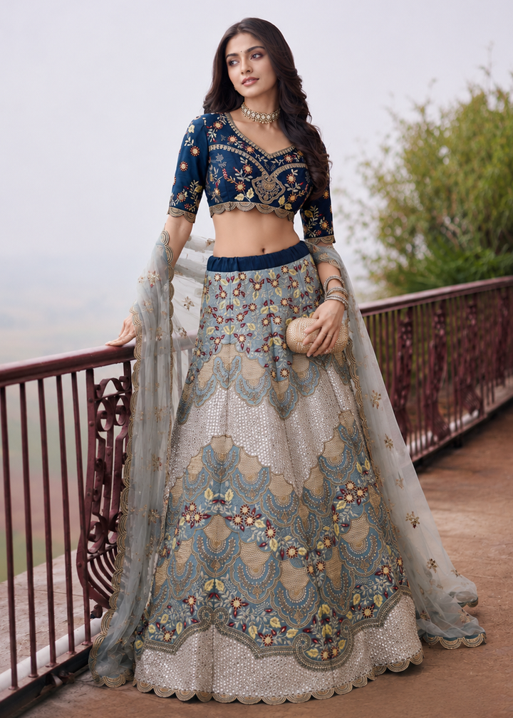 Buy Now Great Silver Blue Embroidered Stylist Wedding Lehenga Choli Online in US, UK, Canada, France, Italy, Germany, Sweden, Austria &amp; Worldwide at Empress.