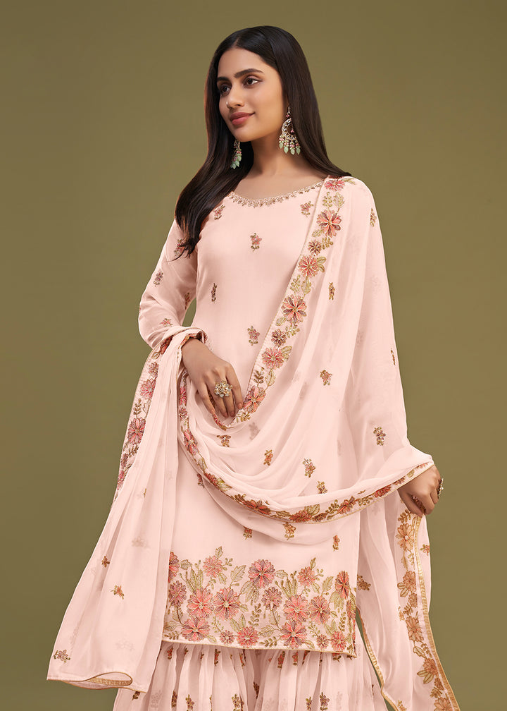 Shop Now Georgette Peach Multi Thread Embroidered Gharara Suit Online at Empress Clothing in USA, UK, Canada, Italy & Worldwide. 