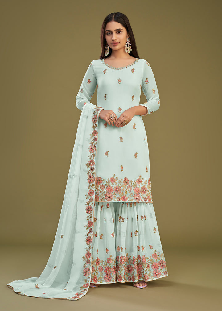 Shop Now Georgette Blue Multi Thread Embroidered Gharara Suit Online at Empress Clothing in USA, UK, Canada, Italy & Worldwide. 