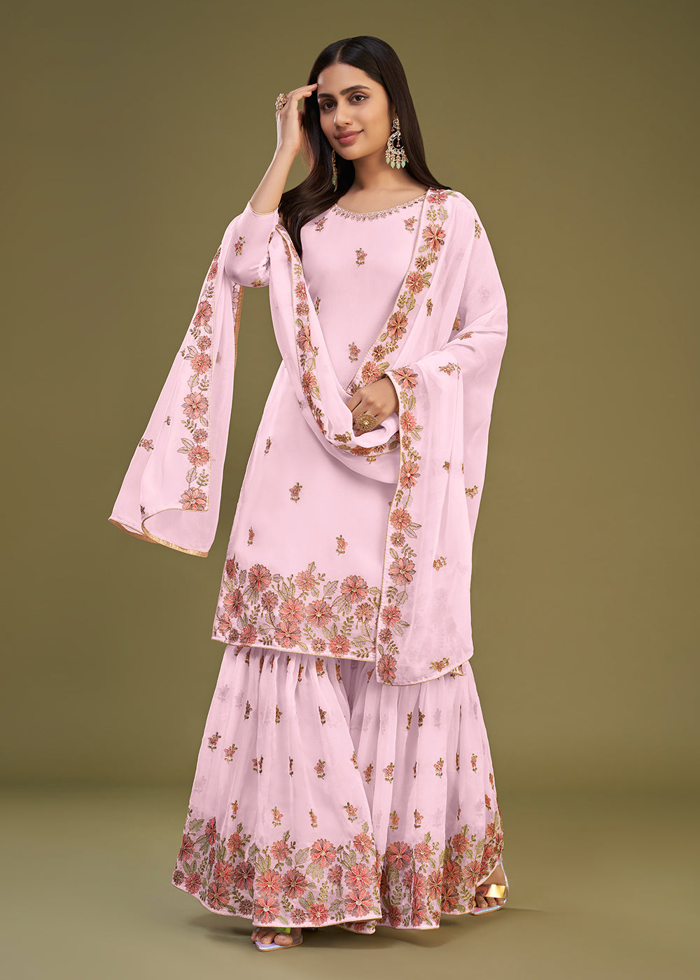 Shop Now Georgette Pink Multi Thread Embroidered Gharara Suit Online at Empress Clothing in USA, UK, Canada, Italy & Worldwide. 