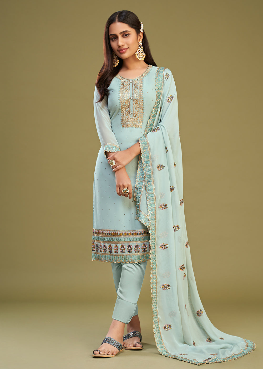 Buy Now Ice Blue Swarovski Work & Embroidered Eid Wear Salwar Suit Online in USA, UK, Canada, Germany, Australia & Worldwide at Empress Clothing. 