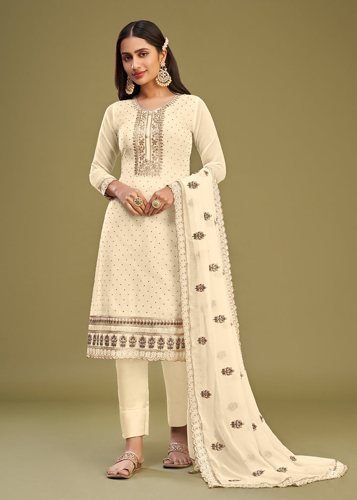 Buy Now Off White Swarovski Work & Embroidered Eid Wear Salwar Suit Online in USA, UK, Canada, Germany, Australia & Worldwide at Empress Clothing.