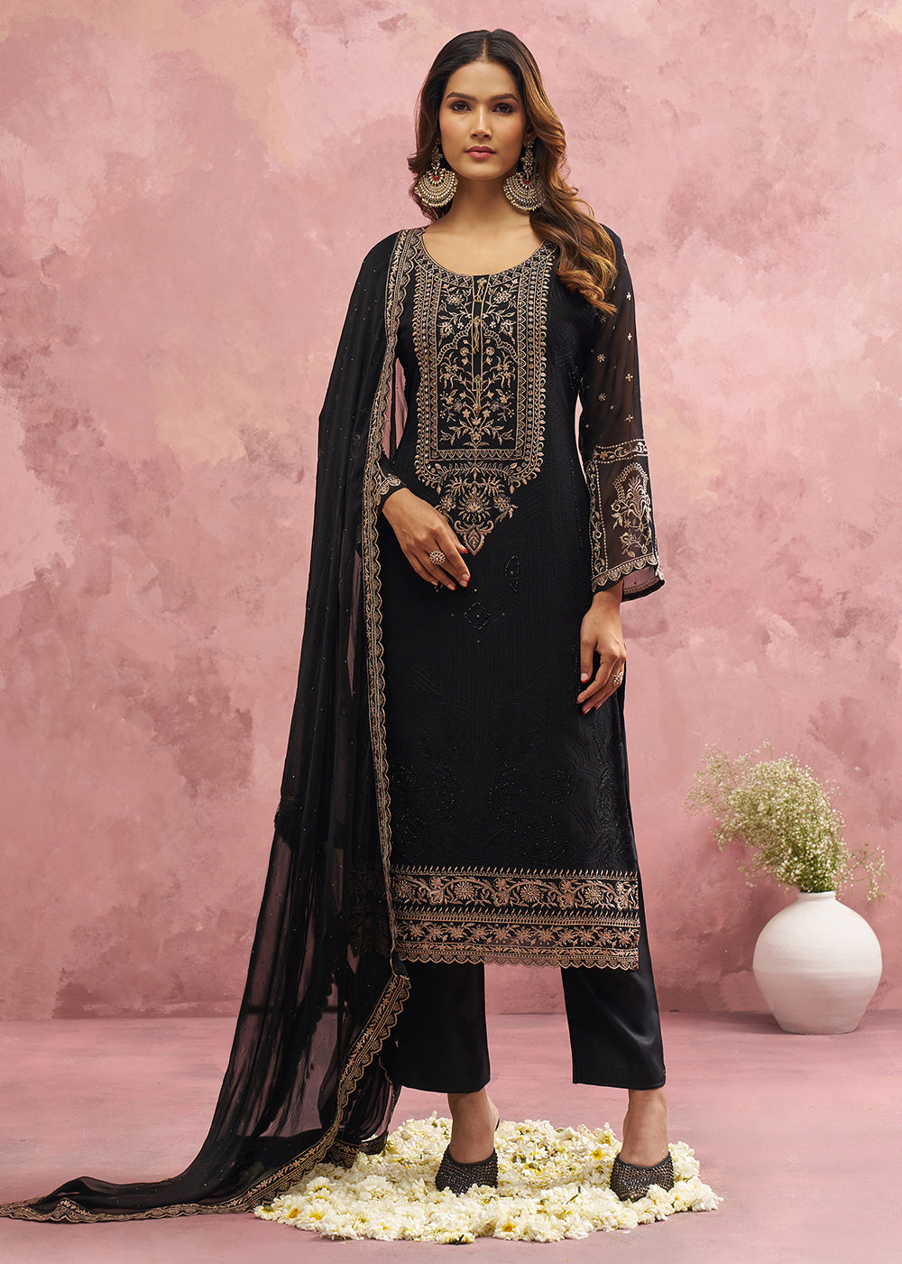 Buy Now Black Georgette Threads & Khatli Festive Salwar Suit Online in USA, UK, Canada, Germany, Italy, France, Austria, UAE & Worldwide at Empress Clothing.