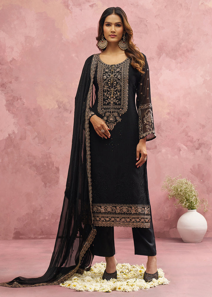 Buy Now Black Georgette Threads & Khatli Festive Salwar Suit Online in USA, UK, Canada, Germany, Italy, France, Austria, UAE & Worldwide at Empress Clothing.