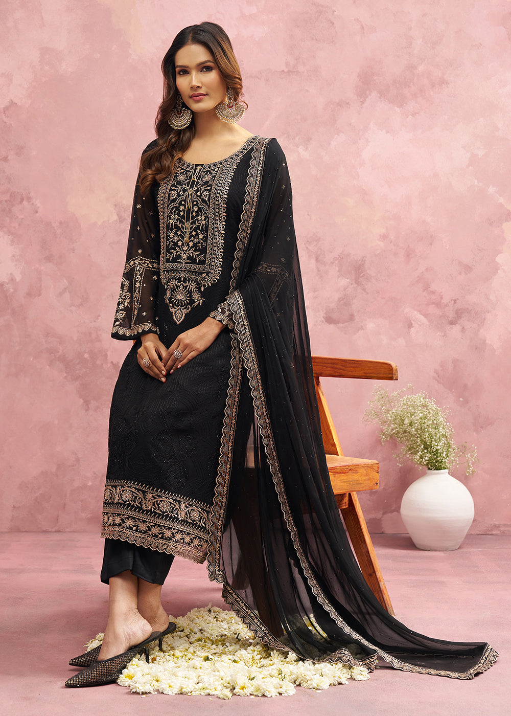 Buy Now Black Georgette Threads & Khatli Festive Salwar Suit Online in USA, UK, Canada, Germany, Italy, France, Austria, UAE & Worldwide at Empress Clothing.