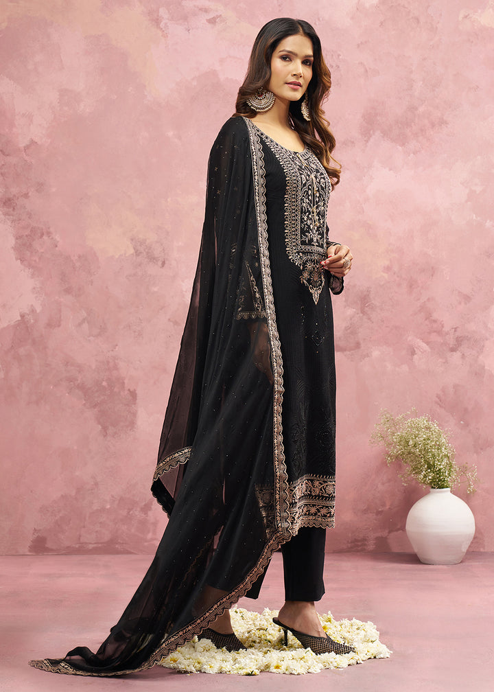 Buy Now Black Georgette Threads & Khatli Festive Salwar Suit Online in USA, UK, Canada, Germany, Italy, France, Austria, UAE & Worldwide at Empress Clothing.
