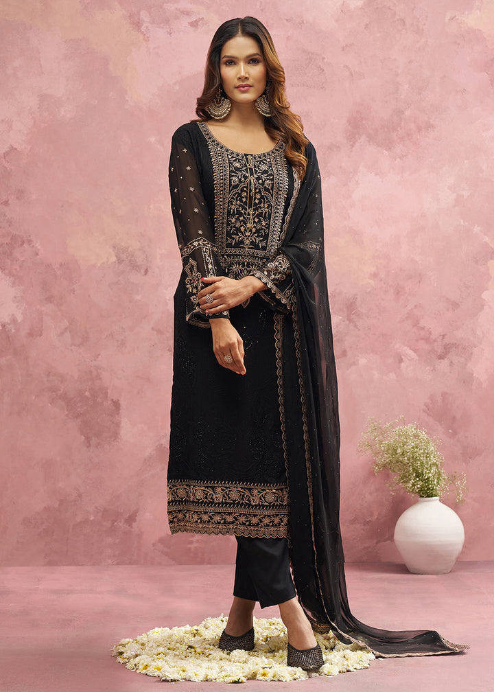 Buy Now Black Georgette Threads & Khatli Festive Salwar Suit Online in USA, UK, Canada, Germany, Italy, France, Austria, UAE & Worldwide at Empress Clothing.