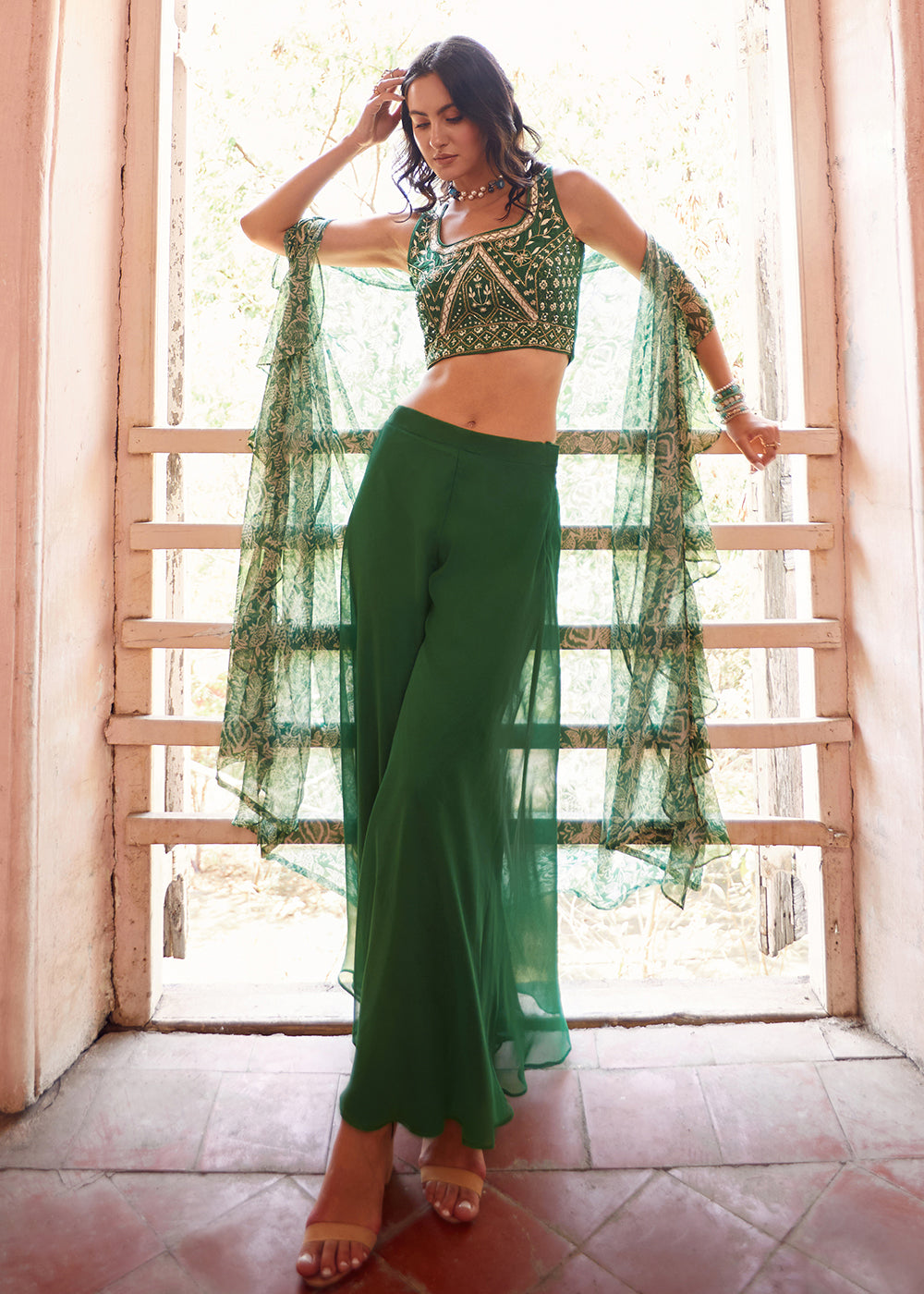 Shop Now Stunning Green Designer Crop Top Style Sharara Suit Online at Empress Clothing in USA, UK, Canada, Italy & Worldwide.