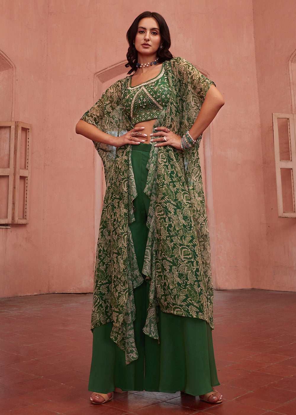Shop Now Stunning Green Designer Crop Top Style Sharara Suit Online at Empress Clothing in USA, UK, Canada, Italy & Worldwide.
