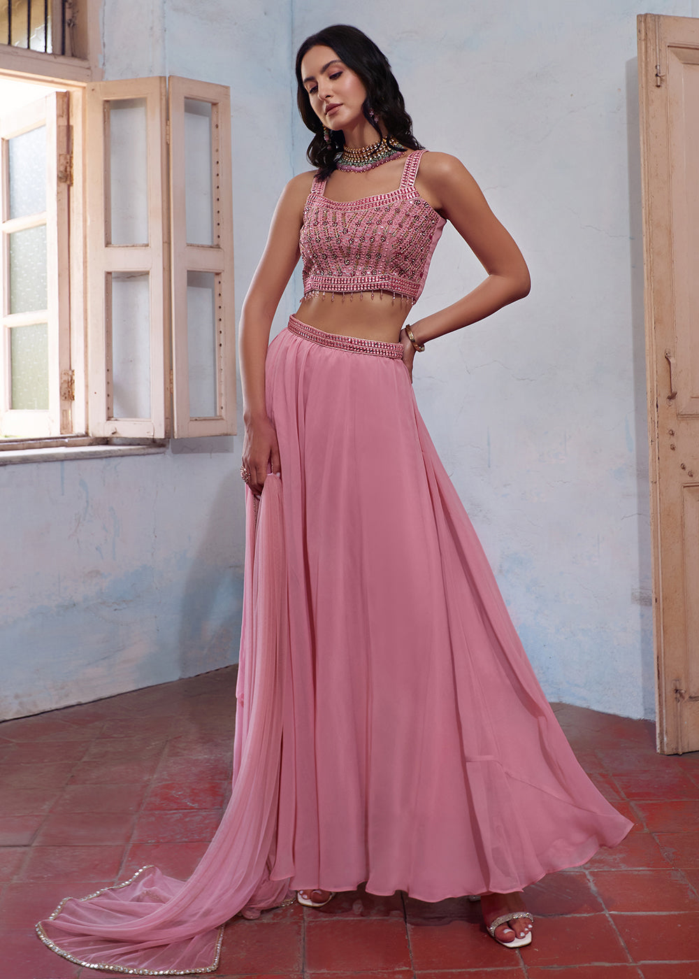 Shop Now Stunning Pink Designer Crop Top Style Sharara Suit Online at Empress Clothing in USA, UK, Canada, Italy & Worldwide. 