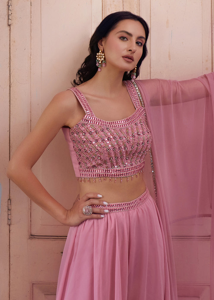 Shop Now Stunning Pink Designer Crop Top Style Sharara Suit Online at Empress Clothing in USA, UK, Canada, Italy & Worldwide. 