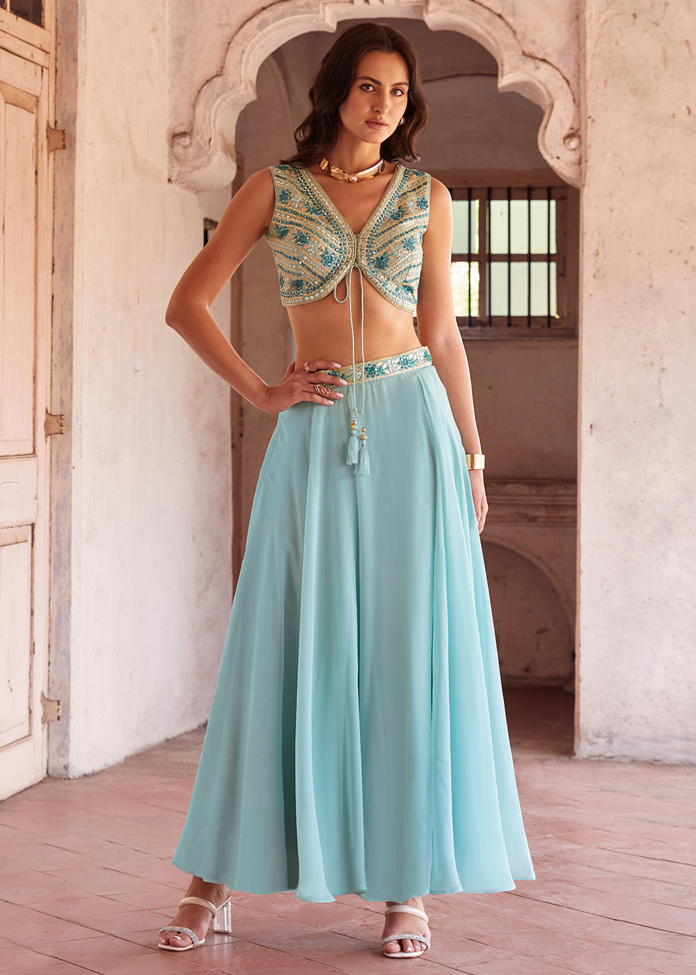Buy Now Stunning Sky Blue Designer Crop Top Style Lehenga Choli Online in USA, UK, Canada & Worldwide at Empress Clothing. 