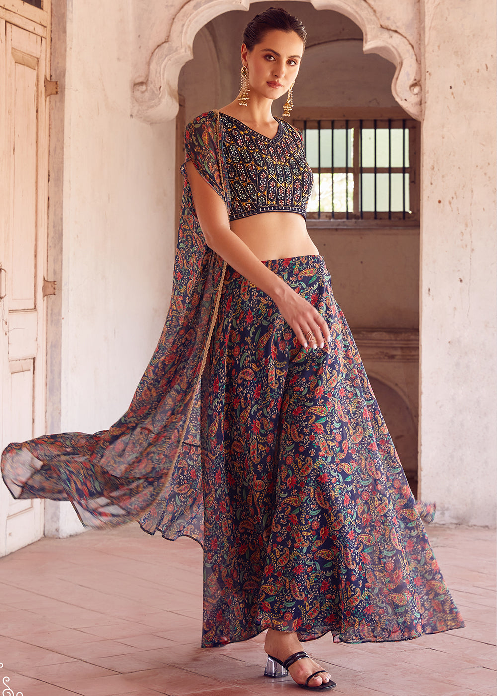 Shop Now Stunning Blue Designer Crop Top Style Sharara Suit Online at Empress Clothing in USA, UK, Canada, Italy & Worldwide. 