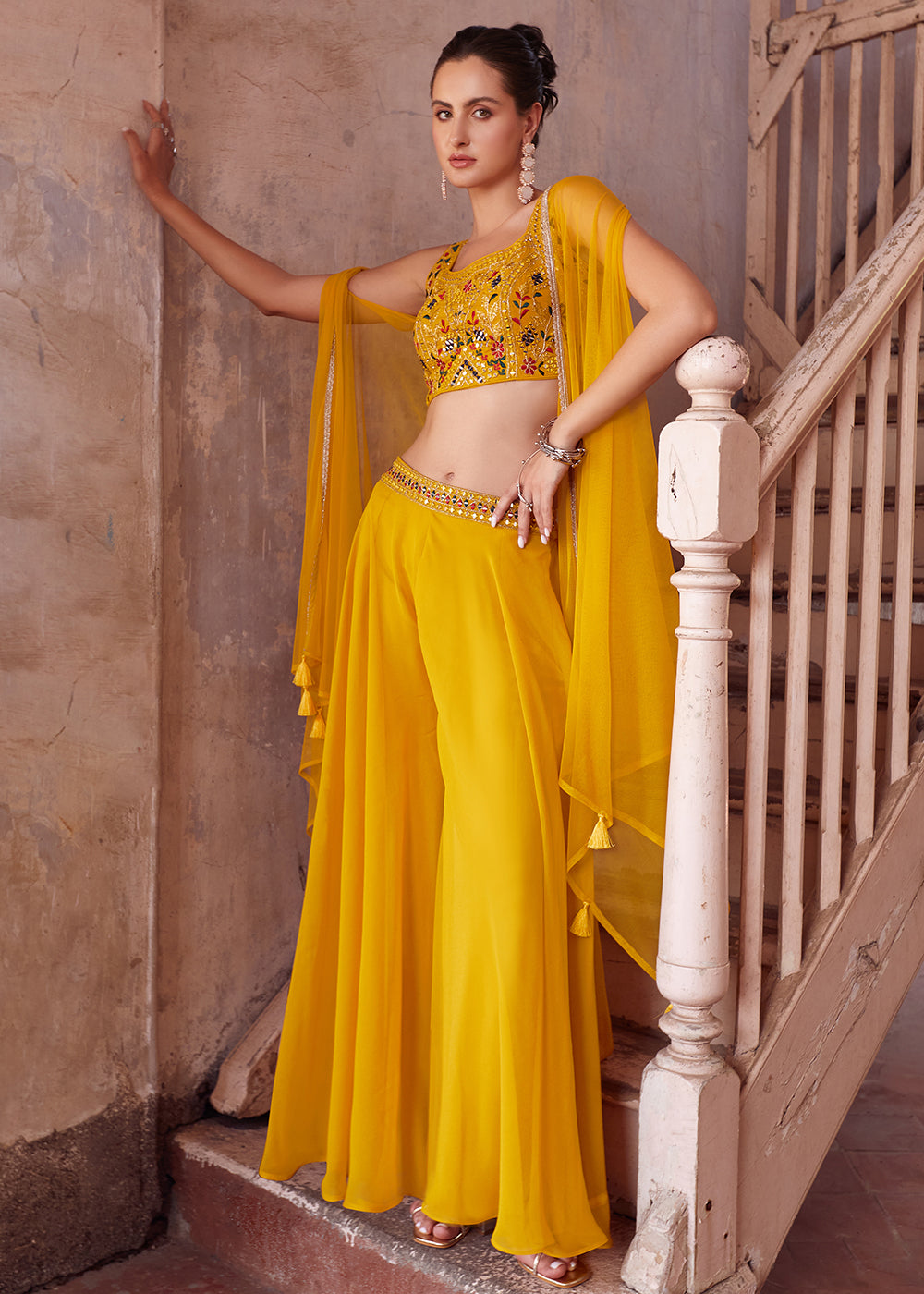 Shop Now Stunning Yellow Designer Crop Top Style Sharara Suit Online at Empress Clothing in USA, UK, Canada, Italy & Worldwide.