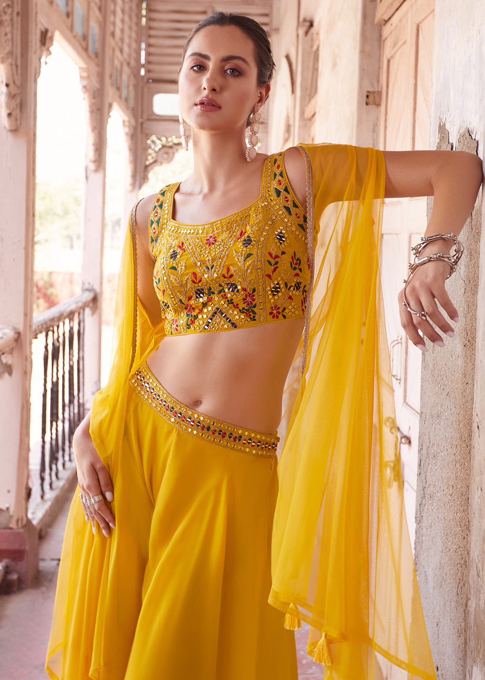 Shop Now Stunning Yellow Designer Crop Top Style Sharara Suit Online at Empress Clothing in USA, UK, Canada, Italy & Worldwide.