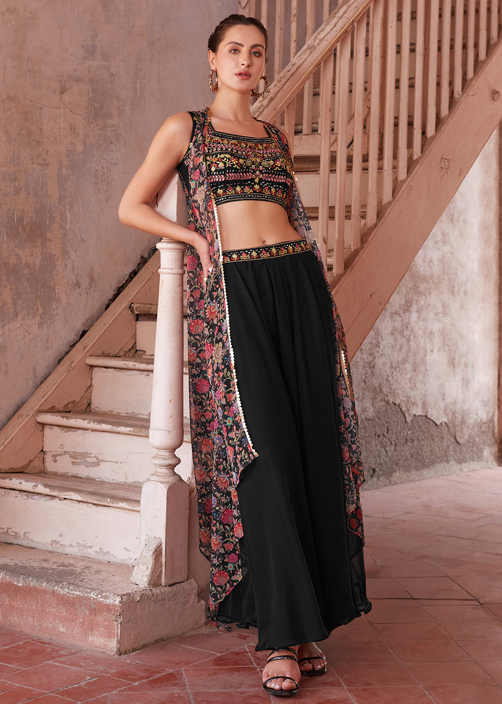 Shop Now Stunning Black Designer Crop Top Style Sharara Suit Online at Empress Clothing in USA, UK, Canada, Italy & Worldwide. 
