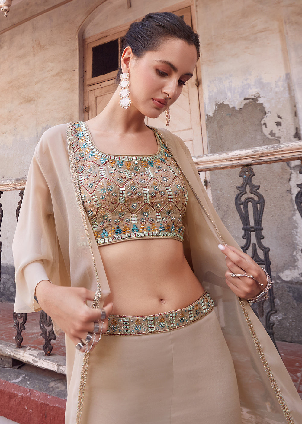 Shop Now Stunning Beige Designer Crop Top Style Sharara Suit Online at Empress Clothing in USA, UK, Canada, Italy & Worldwide.