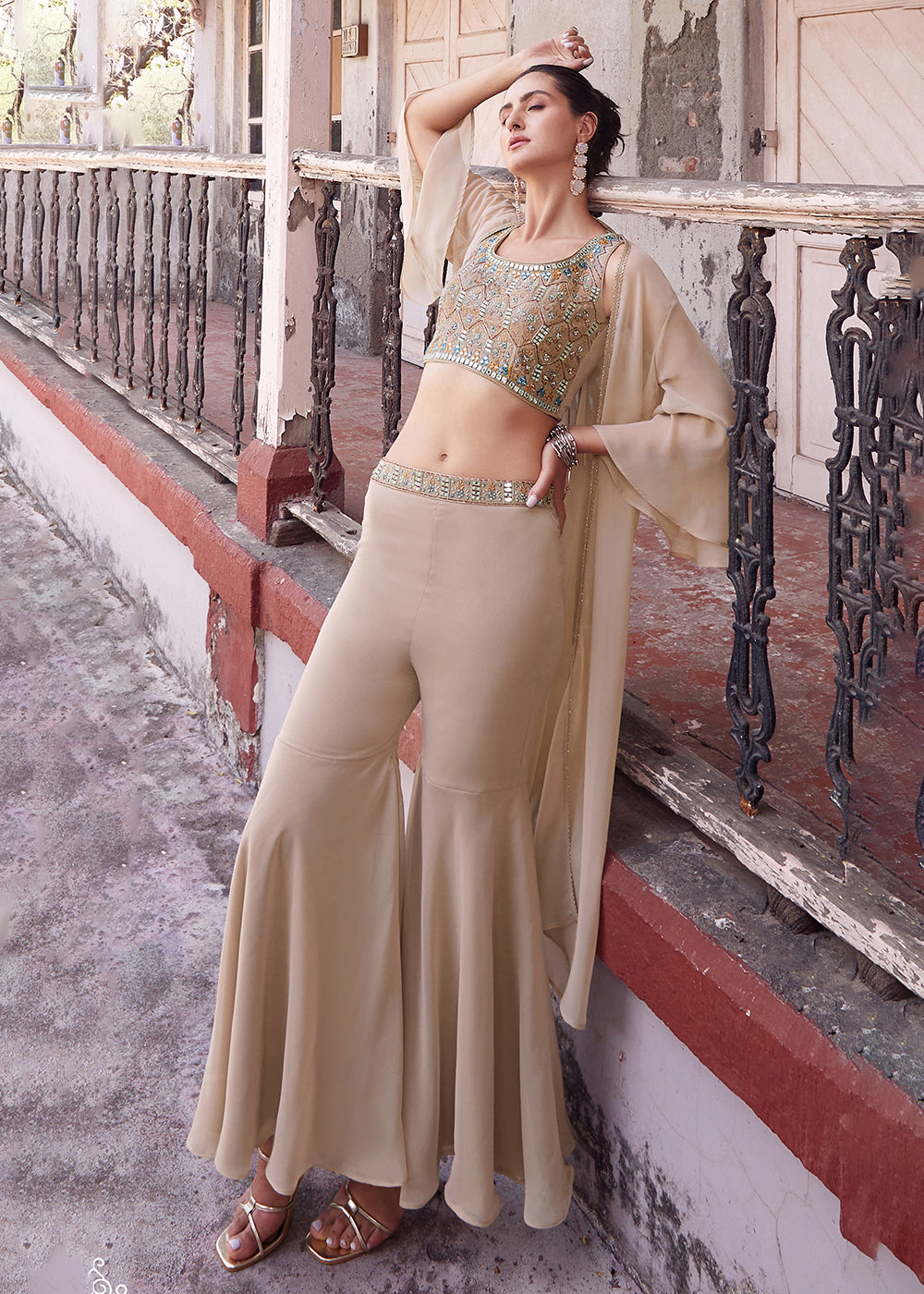 Shop Now Stunning Beige Designer Crop Top Style Sharara Suit Online at Empress Clothing in USA, UK, Canada, Italy & Worldwide.
