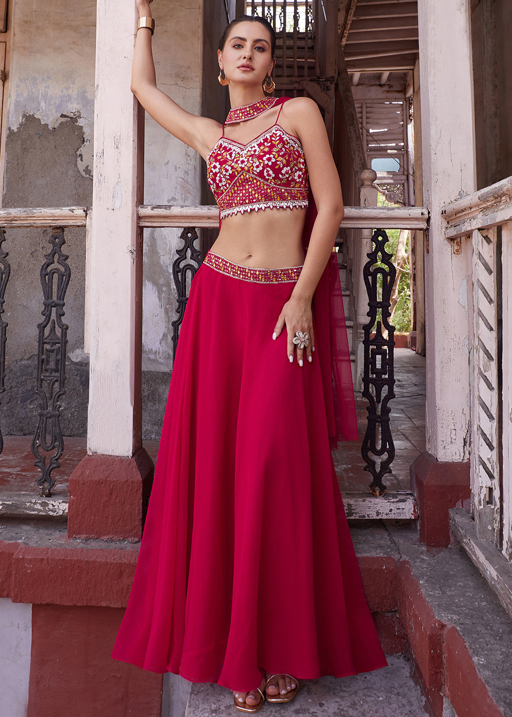 Buy Now Stunning Rani Pink Designer Crop Top Style Lehenga Choli Online in USA, UK, Canada & Worldwide at Empress Clothing. 