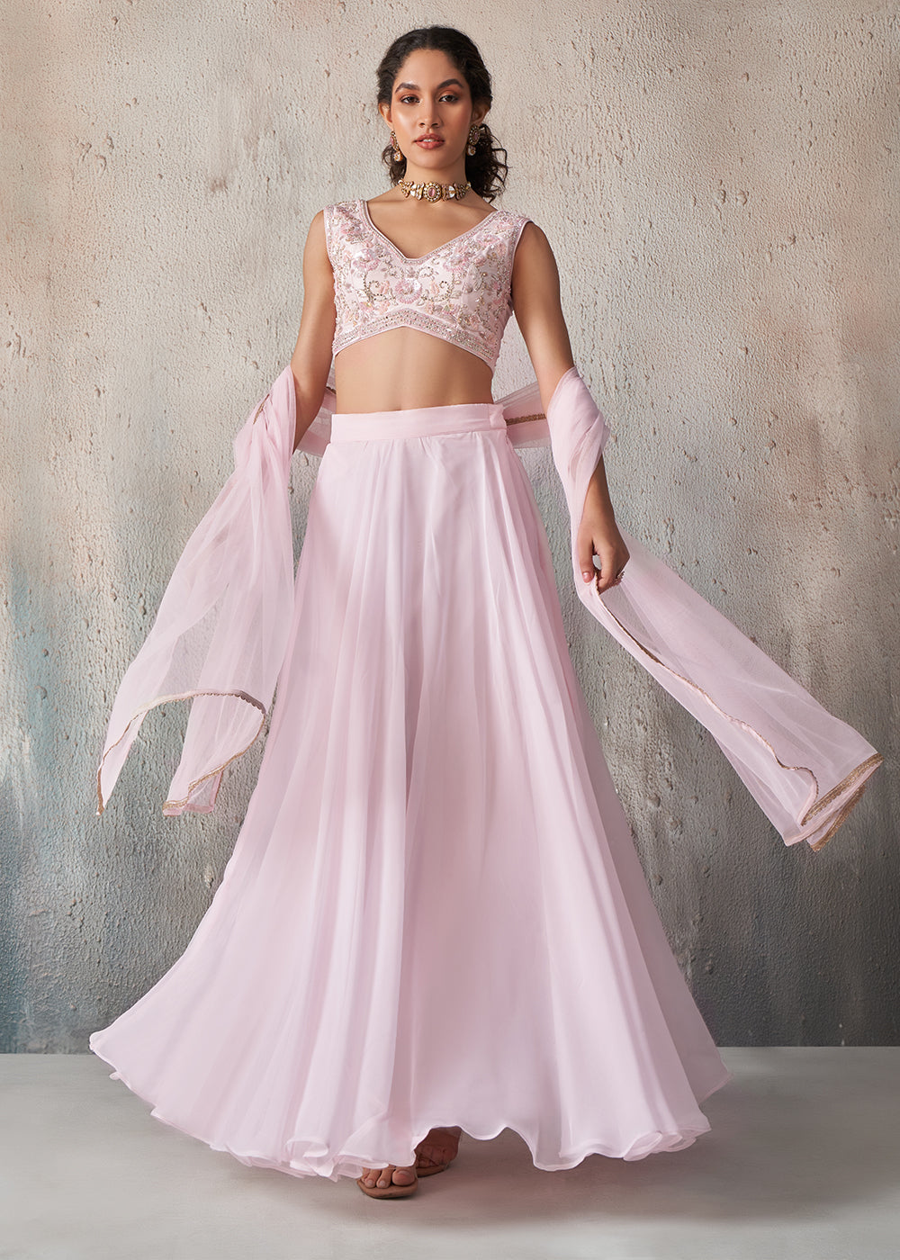 Buy Now Designer Light Pink Crop Top Style Lehenga Choli Online in USA, UK, Canada & Worldwide at Empress Clothing