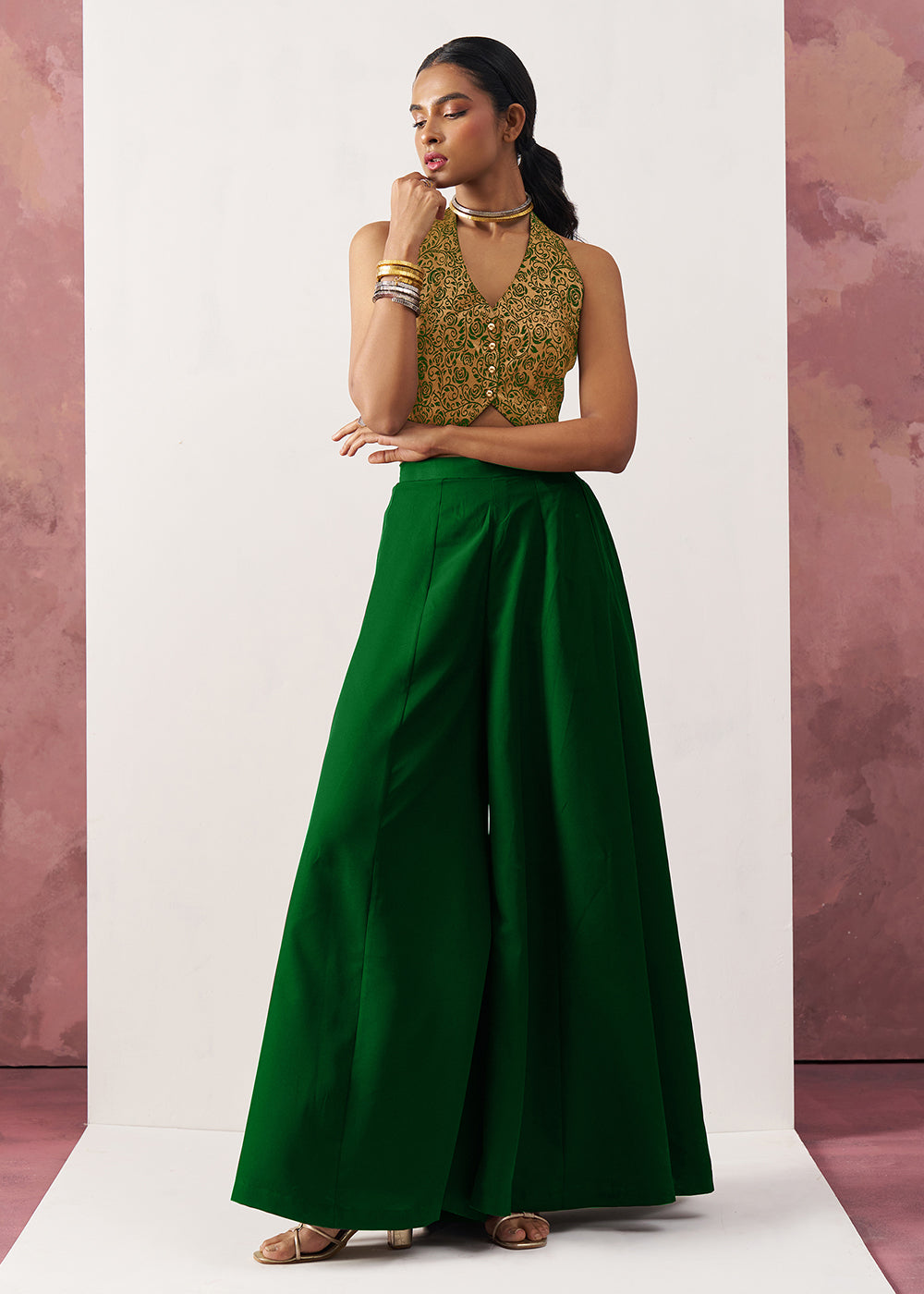 Buy Now Green Jacquard Waistcoat Style Indo Western Skirt Suit Online in USA, UK, Canada, Germany, Italy, France, UAE, Austria & Worldwide at Empress Clothing.