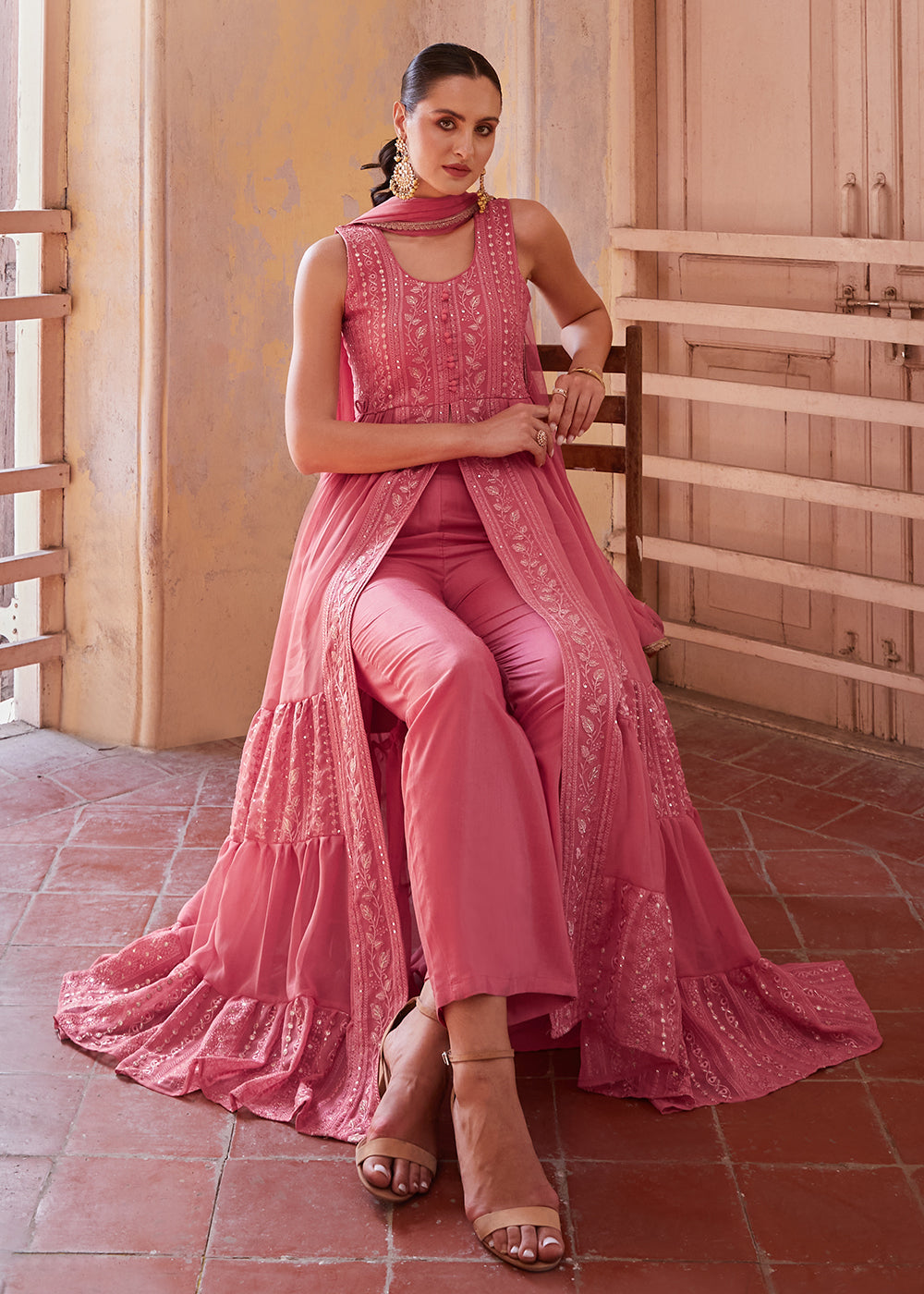 Buy Now Pink Front Slit Style Pant Style Party Wear Suit Online in USA, UK, Canada, Germany, Australia & Worldwide at Empress Clothing.