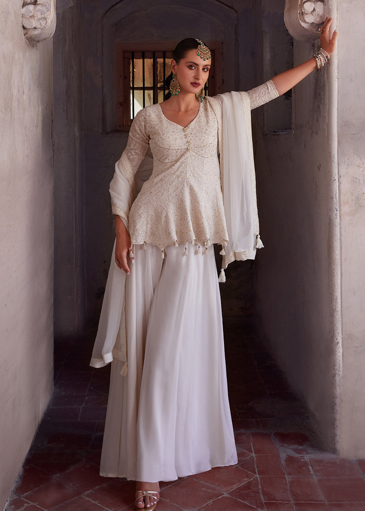 Shop Now Spectacular Off White Georgette Peplum Style Sharara Suit Online at Empress Clothing in USA, UK, Canada, Italy & Worldwide.