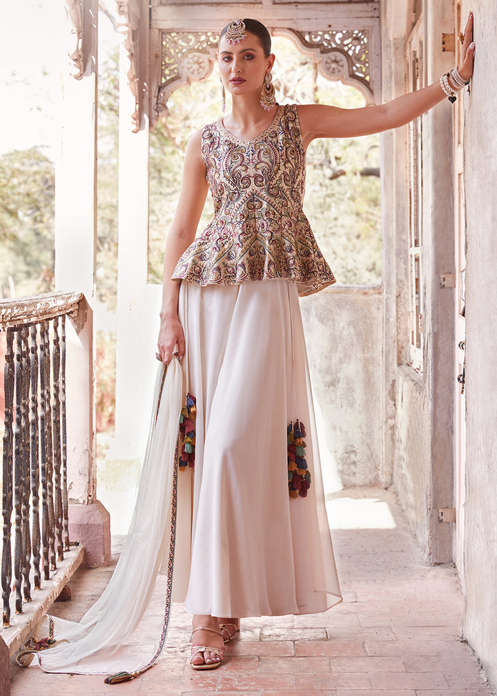 Shop Now Austonishing Off White Georgette Peplum Style Sharara Suit Online at Empress Clothing in USA, UK, Canada, Italy & Worldwide. 