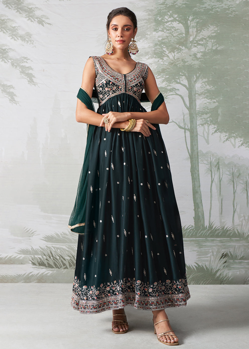 Buy Now Green Multi Thread Embroidered Anarkali Style Suit Online in USA, UK, Australia, New Zealand, Canada & Worldwide at Empress Clothing.