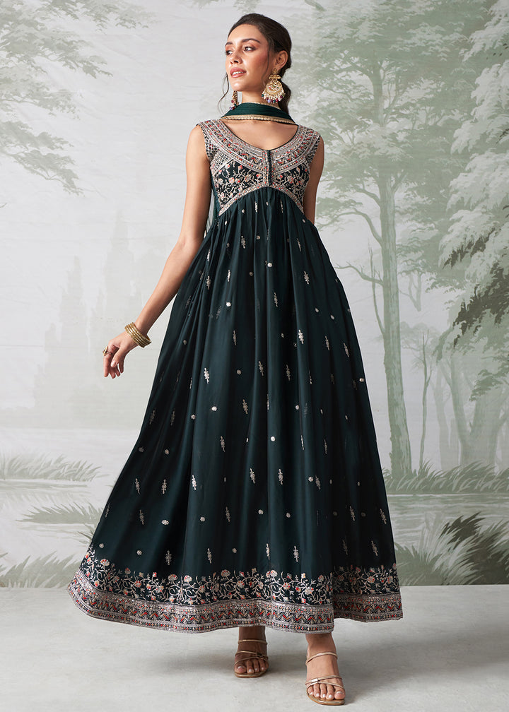 Buy Now Green Multi Thread Embroidered Anarkali Style Suit Online in USA, UK, Australia, New Zealand, Canada & Worldwide at Empress Clothing.