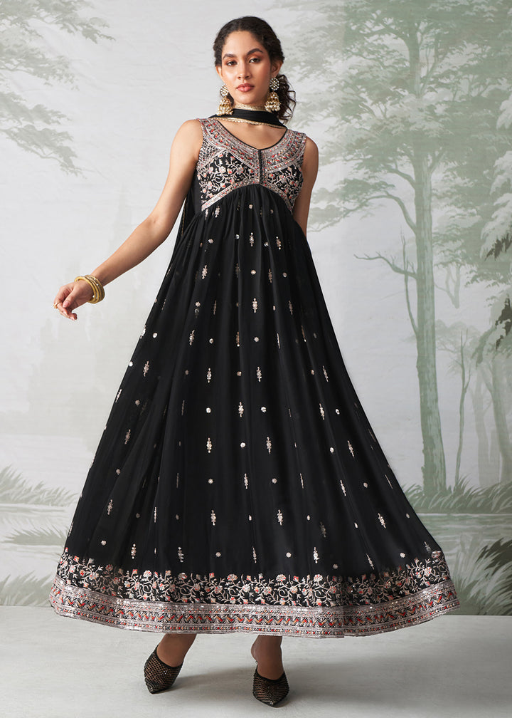 Buy Now Black Multi Thread Embroidered Anarkali Style Suit Online in USA, UK, Australia, New Zealand, Canada & Worldwide at Empress Clothing.