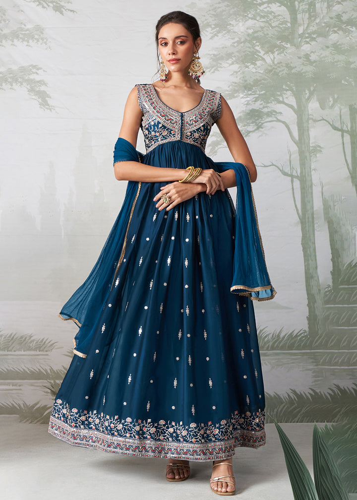 Buy Now Teal Blue Multi Thread Embroidered Anarkali Style Suit Online in USA, UK, Australia, New Zealand, Canada & Worldwide at Empress Clothing. 