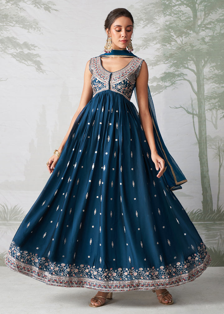 Buy Now Teal Blue Multi Thread Embroidered Anarkali Style Suit Online in USA, UK, Australia, New Zealand, Canada & Worldwide at Empress Clothing. 