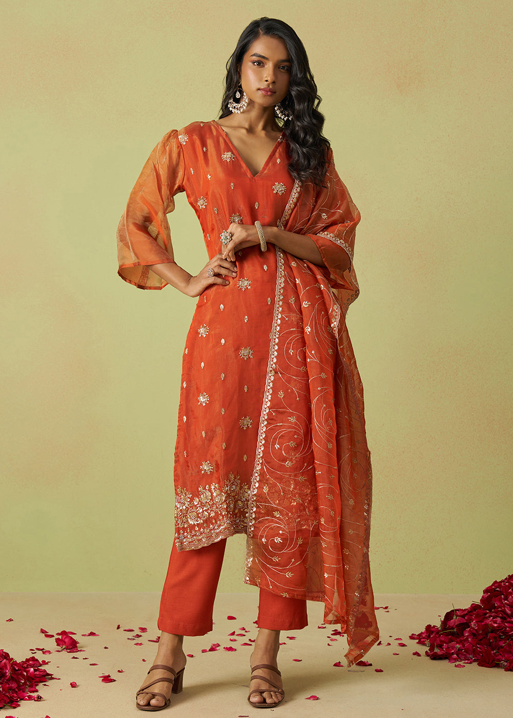 Buy Now Festive Wear Orange Pure Shimmer Organza Salwar Suit Online in USA, UK, Canada, Germany, Italy, UAE & Worldwide at Empress Clothing. 