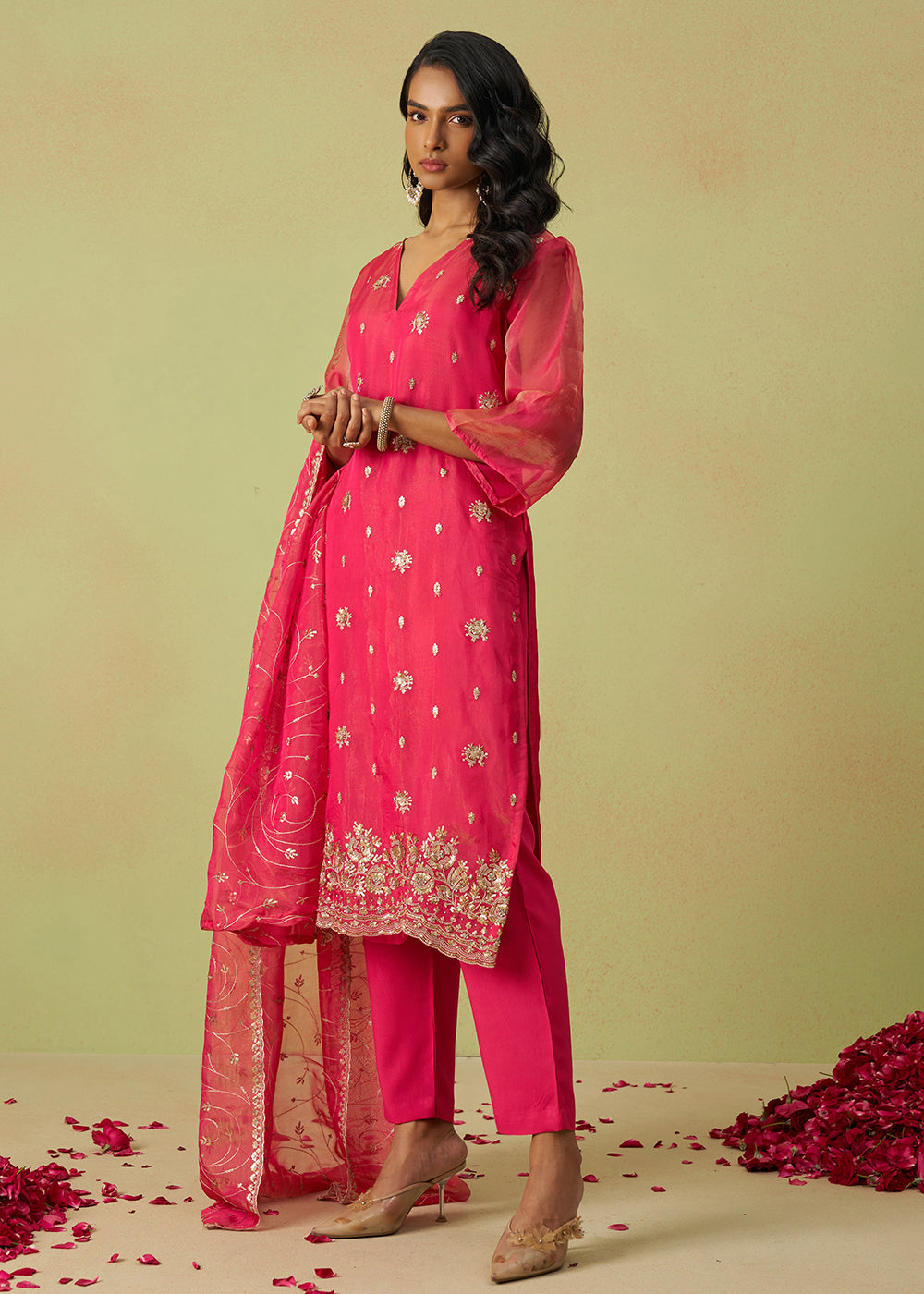Buy Now Festive Wear Pink Pure Shimmer Organza Salwar Suit Online in USA, UK, Canada, Germany, Italy, UAE & Worldwide at Empress Clothing.