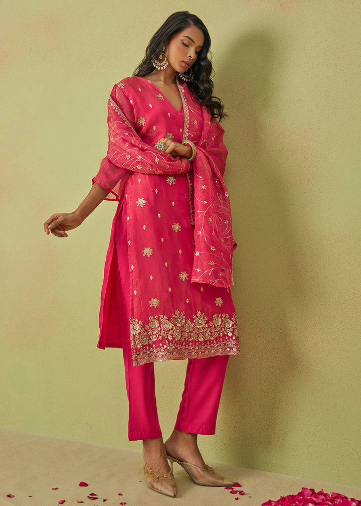 Buy Now Festive Wear Pink Pure Shimmer Organza Salwar Suit Online in USA, UK, Canada, Germany, Italy, UAE & Worldwide at Empress Clothing.