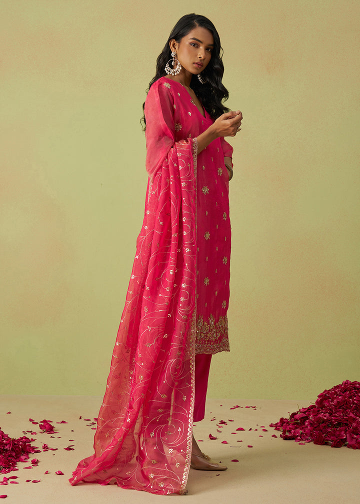 Buy Now Festive Wear Pink Pure Shimmer Organza Salwar Suit Online in USA, UK, Canada, Germany, Italy, UAE & Worldwide at Empress Clothing.