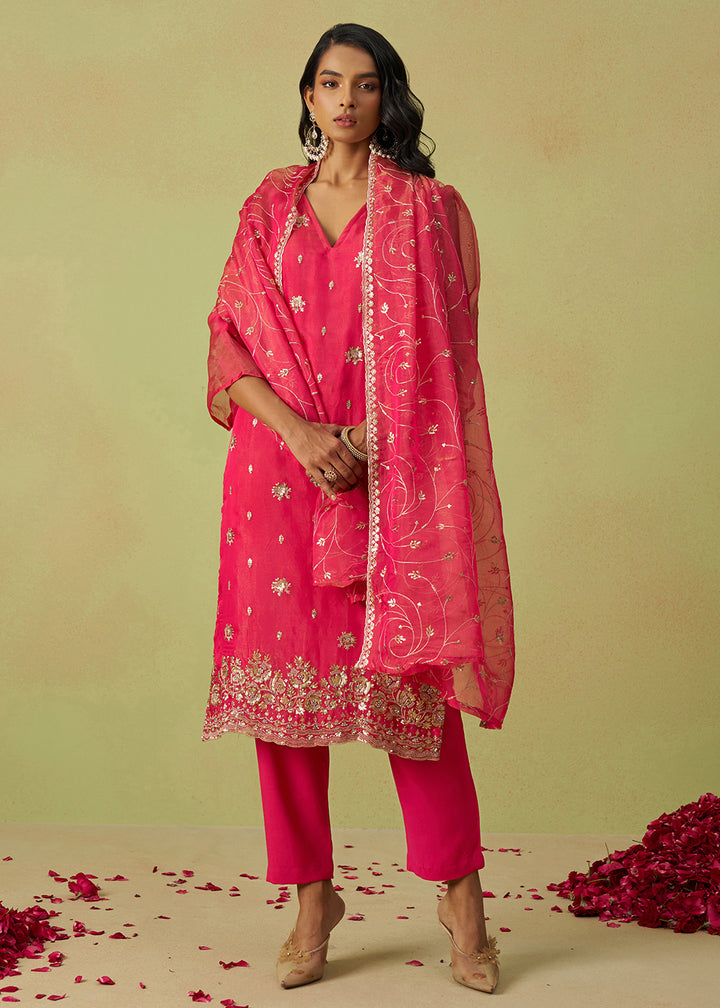 Buy Now Festive Wear Pink Pure Shimmer Organza Salwar Suit Online in USA, UK, Canada, Germany, Italy, UAE & Worldwide at Empress Clothing.